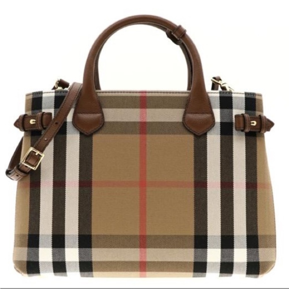 BURBERRY MEDIUM BANNER HOUSE CHECK CANVAS SATCHEL WITH TAN LEATHER TRIM